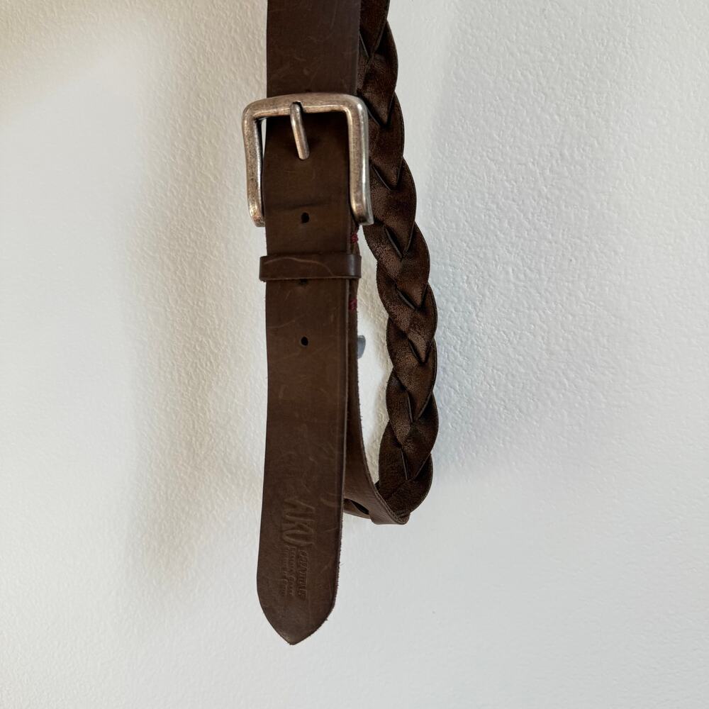 AKU Creations Brown Leather Hand Braided Belt Silver Buckle Handmade in Nepal